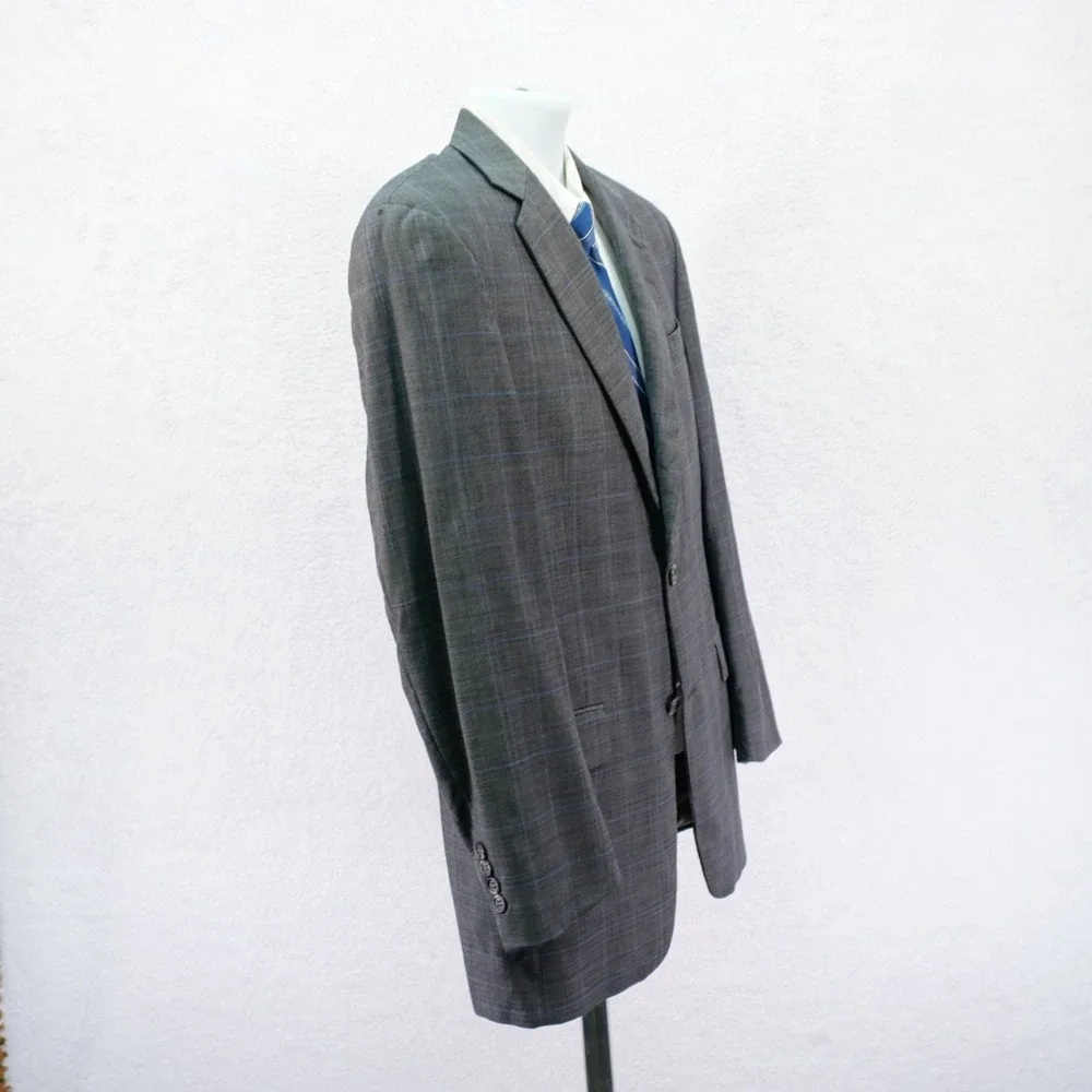 DAMAGED Hart‎ Schaffner Marx Wool Gray Plaid W/ Blue Windowpane Blazer 38R